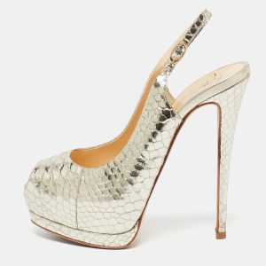 Giuseppe Zanotti Gold Python Embossed Leather Peep Toe Slingback Sandals Size 37.5, Sandals - Luxury Closet catalog