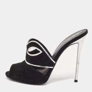 Giuseppe Zanotti Black/Silver Suede and Leather Peep Toe Mules Size 39, Sandals - Luxury Closet catalog