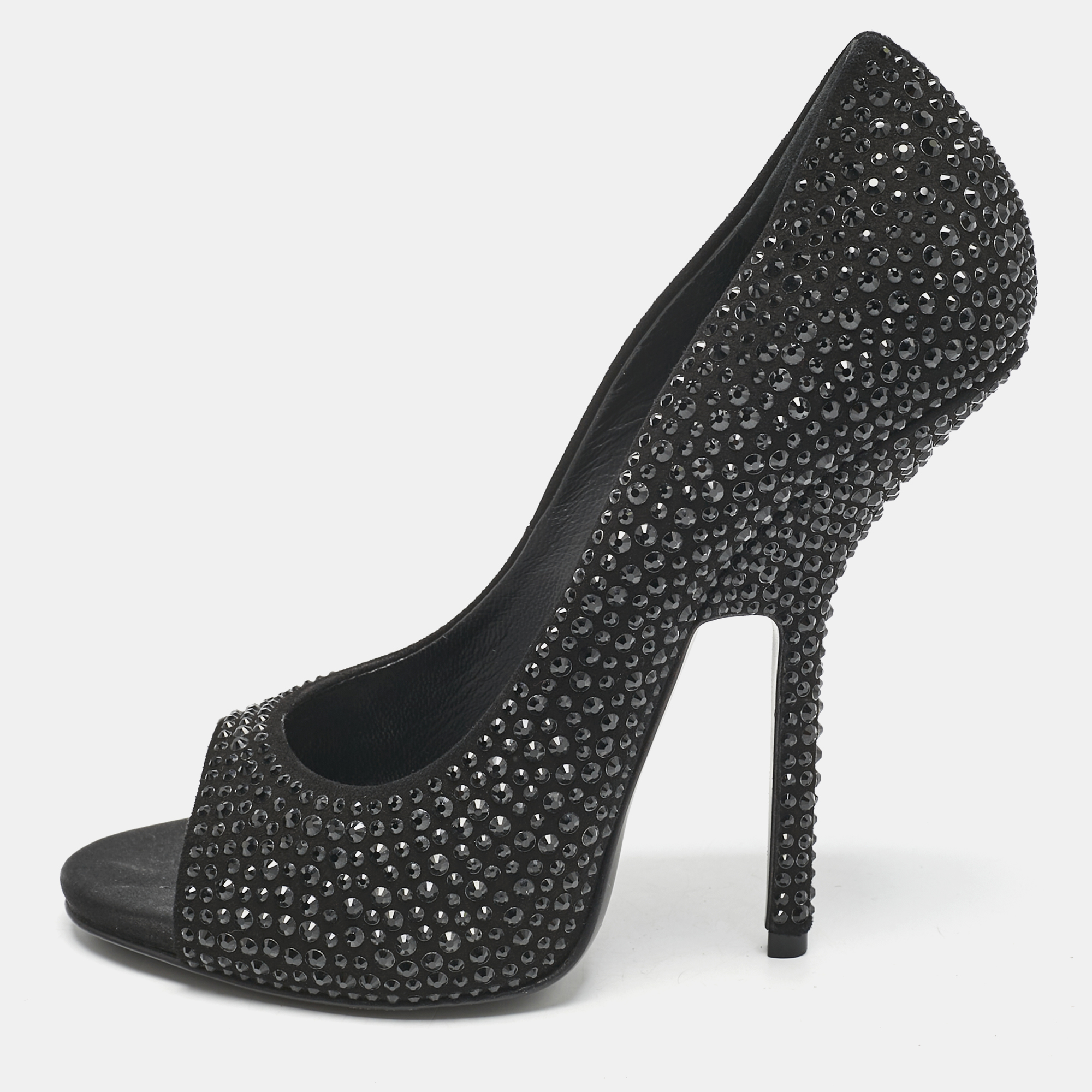 Giuseppe Zanotti Black Satin Crystal Embellished Open Toe Pumps Size 39, Pumps - Luxury Closet catalog