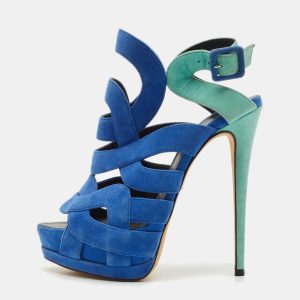 Giuseppe Zanotti Blue/Green Suede Cutout Caged Strappy Platform Sandals Size 39, Sandals - Luxury Closet catalog
