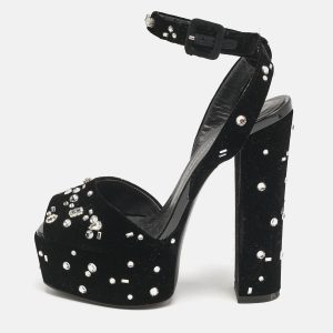 Giuseppe Zanotti Black Velvet Crystal Embellished Ankle Strap Platform Sandals Size 36, Sandals - Luxury Closet catalog