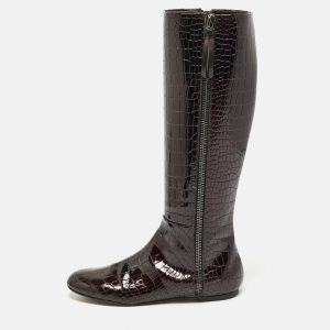 Giuseppe Zanotti Brown Croc Embossed Patent Leather Ringotto Knee Length Boots Size 38.5, Boots - Luxury Closet catalog