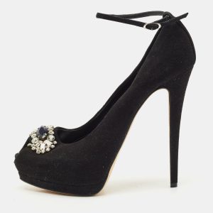 Giuseppe Zanotti Black Suede Crystal Embellished Ankle Strap Peep Toe Platform Pumps Size 39.5, Pumps - Luxury Closet catalog