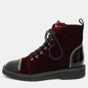 Giuseppe Zanotti Burgundy/Black Velvet and Patent Leather Ankle Boots Size 39.5, Boots - Luxury Closet catalog