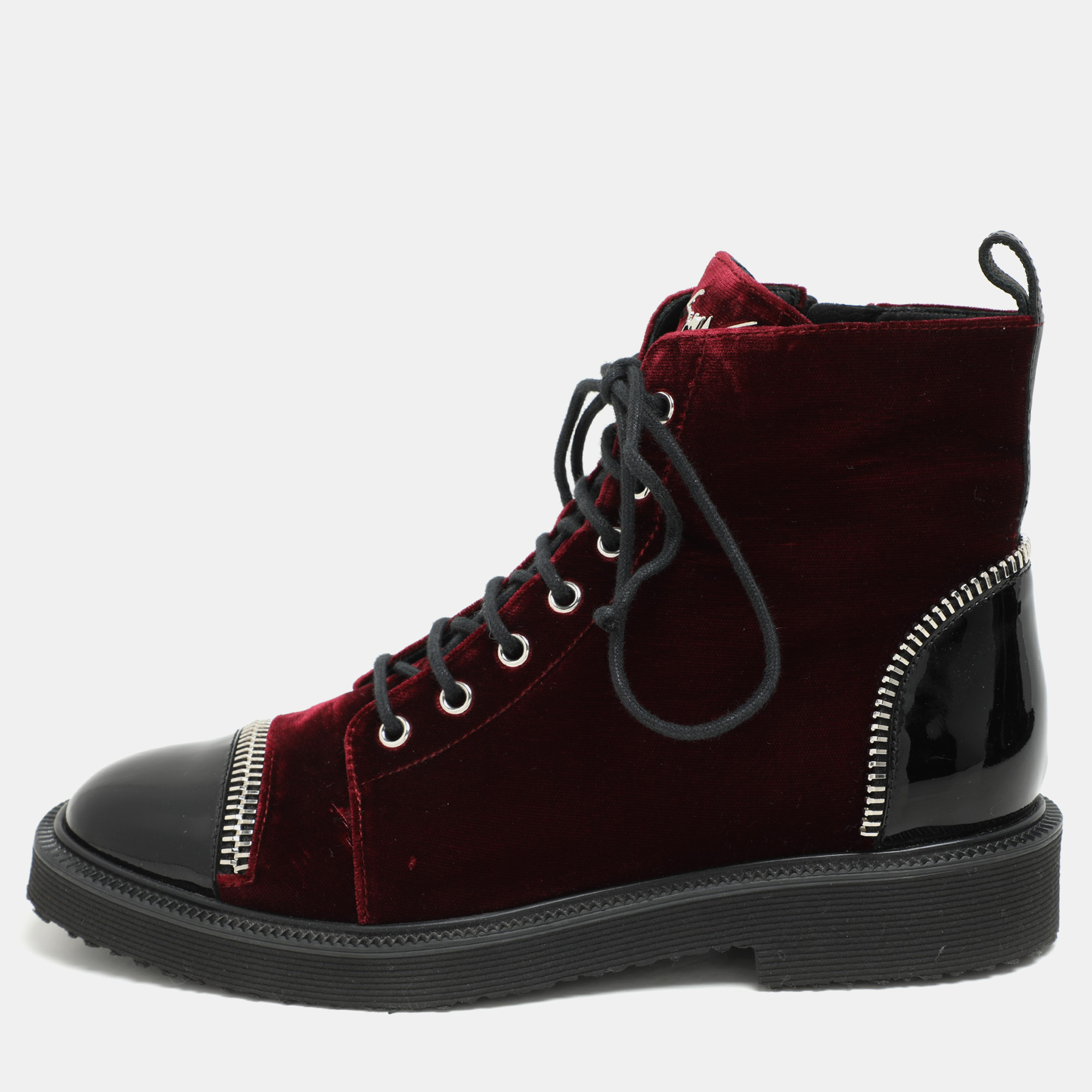 Giuseppe Zanotti Burgundy/Black Velvet and Patent Leather Ankle Boots Size 39.5, Boots - Luxury Closet catalog