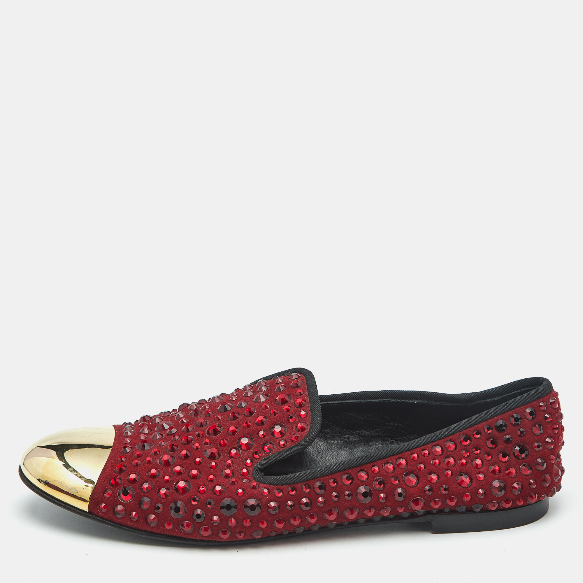 Giuseppe Zanotti Burgundy Suede Cap Toe Crystals Embellished Smoking Slippers Size 41, Flats - Luxury Closet catalog