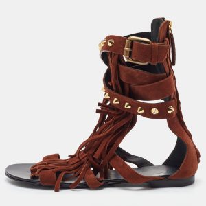 Giuseppe Zanotti Brown Suede Studded Fringe Gladiator Flat Sandals Size 37.5, Sandals - Luxury Closet catalog