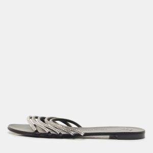 Giuseppe Zanotti Black/Silver Crystal Embellished Leather Flat Slides Size 40, Sandals - Luxury Closet catalog