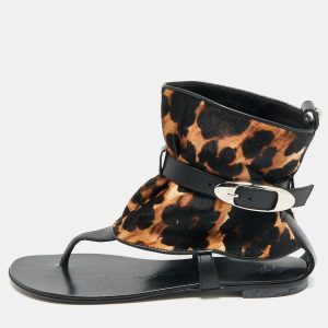 Giuseppe Zanotti Black/Brown Leather and Leopard Print Hair On Buckle Detail Flat Sandals Size 37, Sandals - Luxury Closet catalog