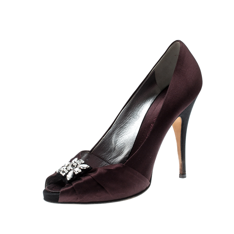 Giuseppe Zanotti Burgundy Satin Embellished Peep Toe Pumps Size 40, Pumps - Luxury Closet catalog