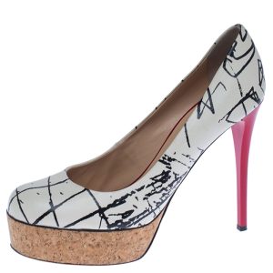 Giuseppe Zanotti White Printed Leather Cork Platform Pumps Size 38.5, Pumps - Luxury Closet catalog