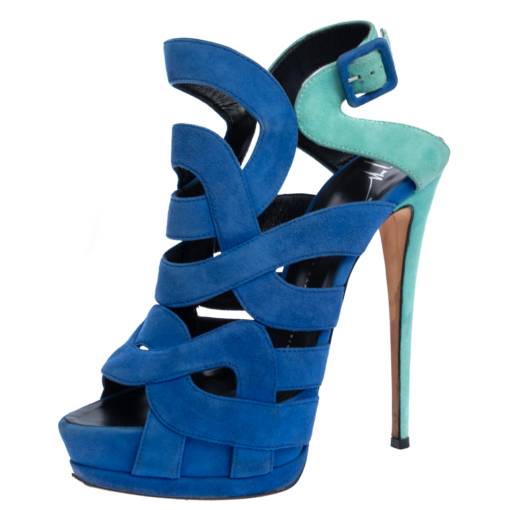 Giuseppe Zanotti Blue Suede Cutout Caged Slingback Sandals Size 40, Sandals - Luxury Closet catalog