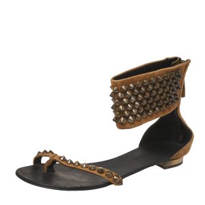 Giuseppe Zanotti Brown Suede Leather Studded Toe Ring Sandals Size 38.5, Sandals - Luxury Closet catalog