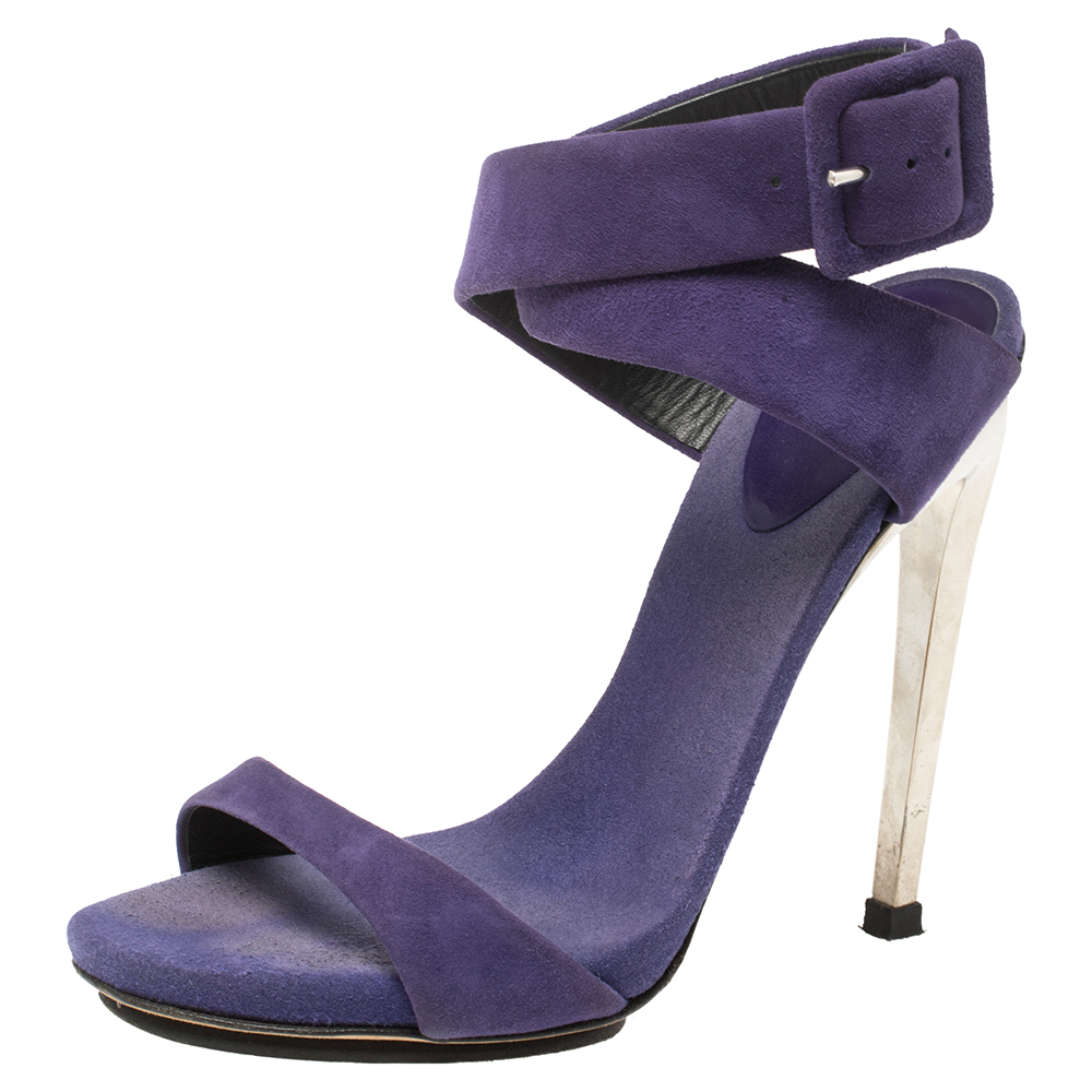 Giuseppe Zanotti Blue Suede Metal Heel Ankle Wrap Open Toe Sandals Size 36, Sandals - Luxury Closet catalog