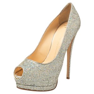 Giuseppe Zanotti Silver Glitter And Leather Sharon Peep Toe Platform Pumps Size 40, Pumps - Luxury Closet catalog