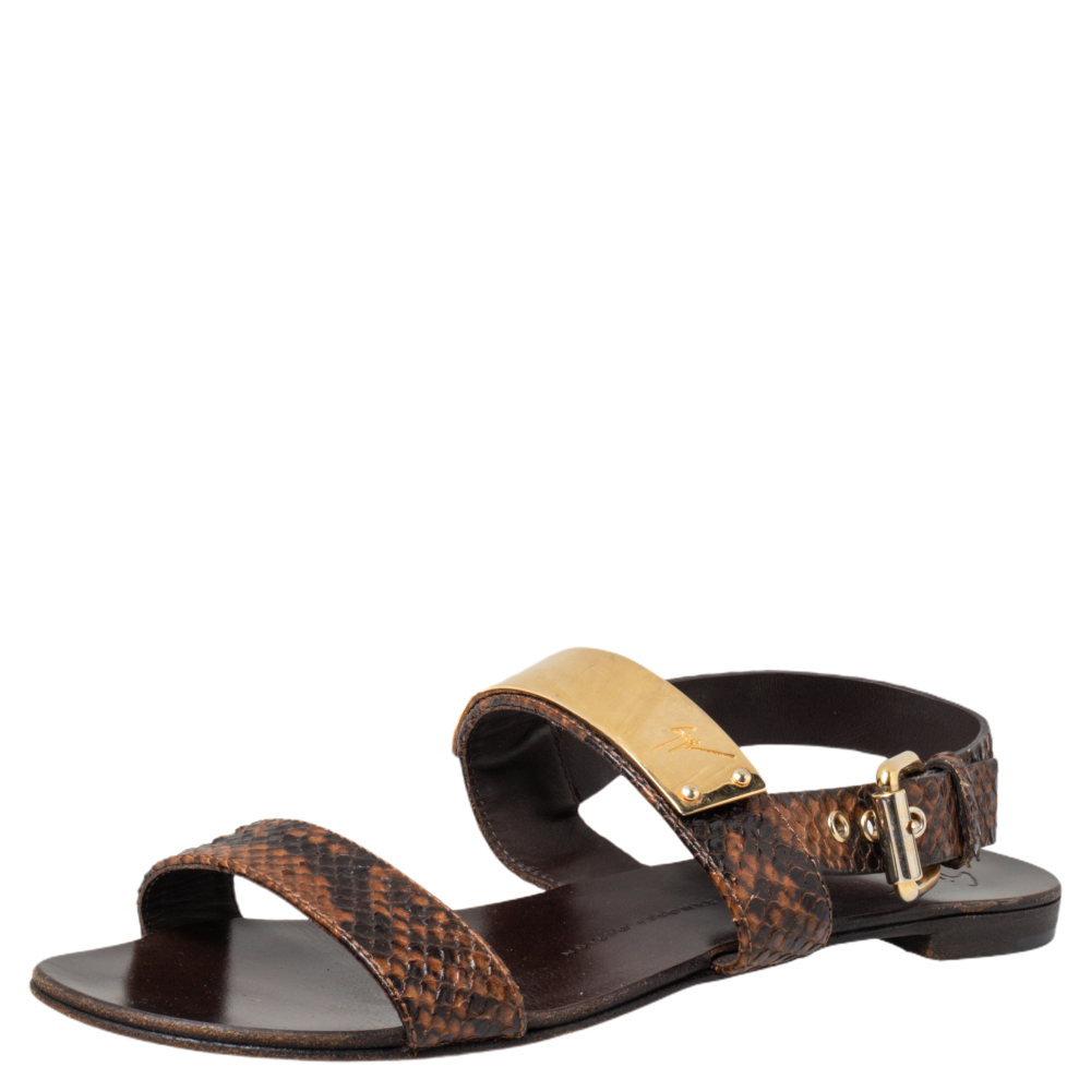Giuseppe Zanotti Brown Python Embossed Leather Slingback Flat Sandals Size 39, Sandals - Luxury Closet catalog