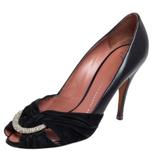 Giuseppe Zanotti Black Leather and Suede Crystal Embellished Peep Toe Pumps Size 37.5, Pumps - Luxury Closet catalog