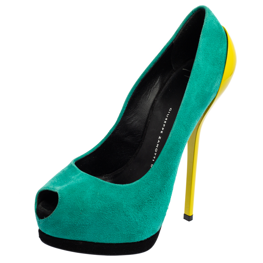 Giuseppe Zanotti Green/Yellow Suede And Patent Leather Peep Toe Platform Pumps Size 37, Pumps - Luxury Closet catalog