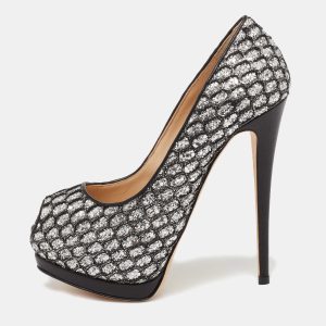 Giuseppe Zanotti Black Glitter And Lace Peep Toe Platform Pumps Size 37.5, Pumps - Luxury Closet catalog