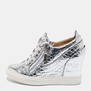 Giuseppe Zanotti Silver Croc Embossed Leather Double Zip Wedge Sneakers Size 37, Sandals - Luxury Closet catalog