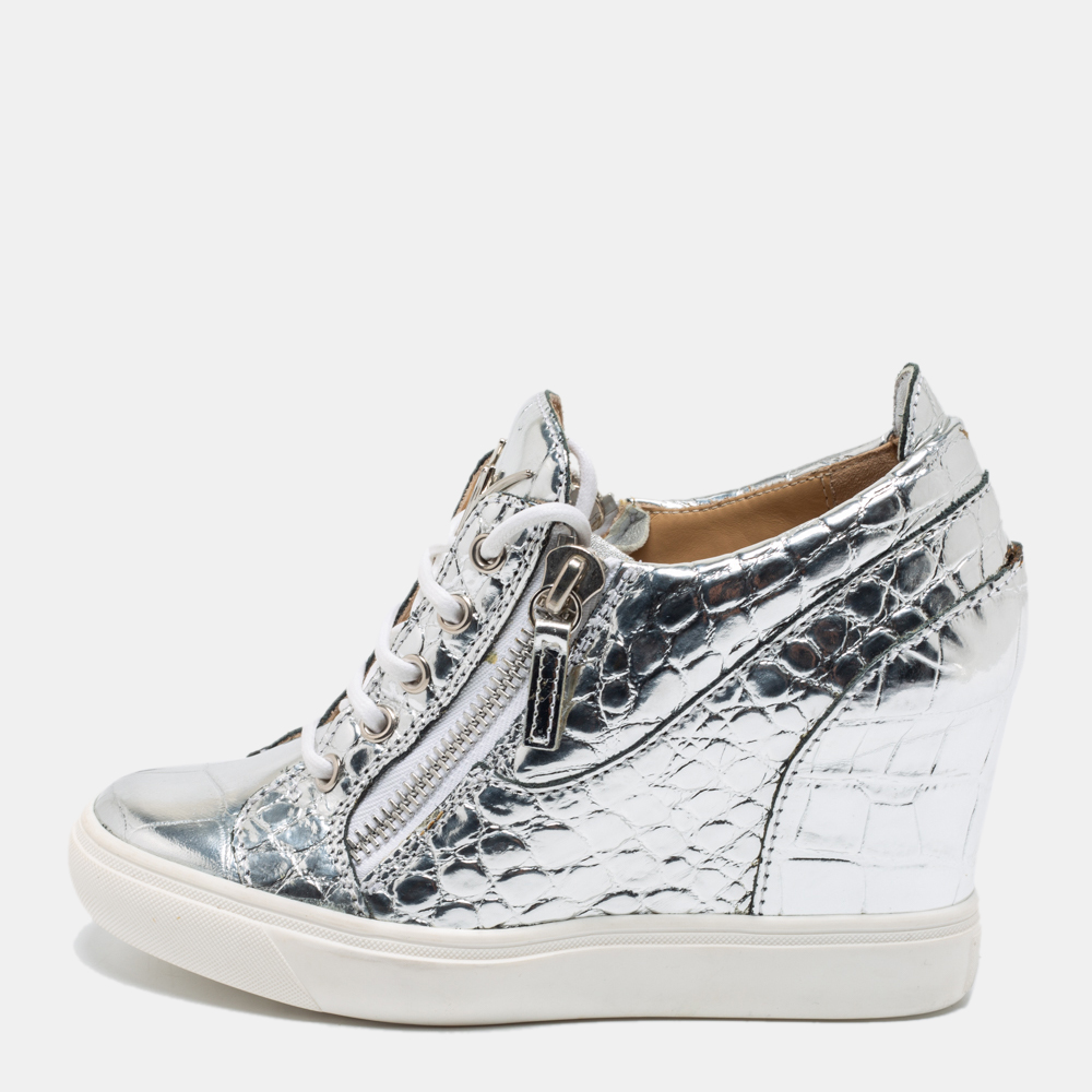 Giuseppe Zanotti Silver Croc Embossed Leather Double Zip Wedge Sneakers Size 37, Sandals - Luxury Closet catalog