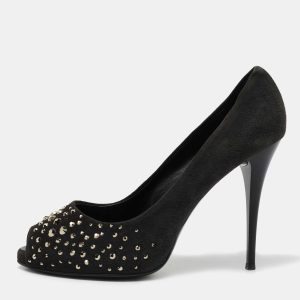 Giuseppe Zanotti Grey Suede Embellished Peep Toe Pumps Size 38.5, Pumps - Luxury Closet catalog