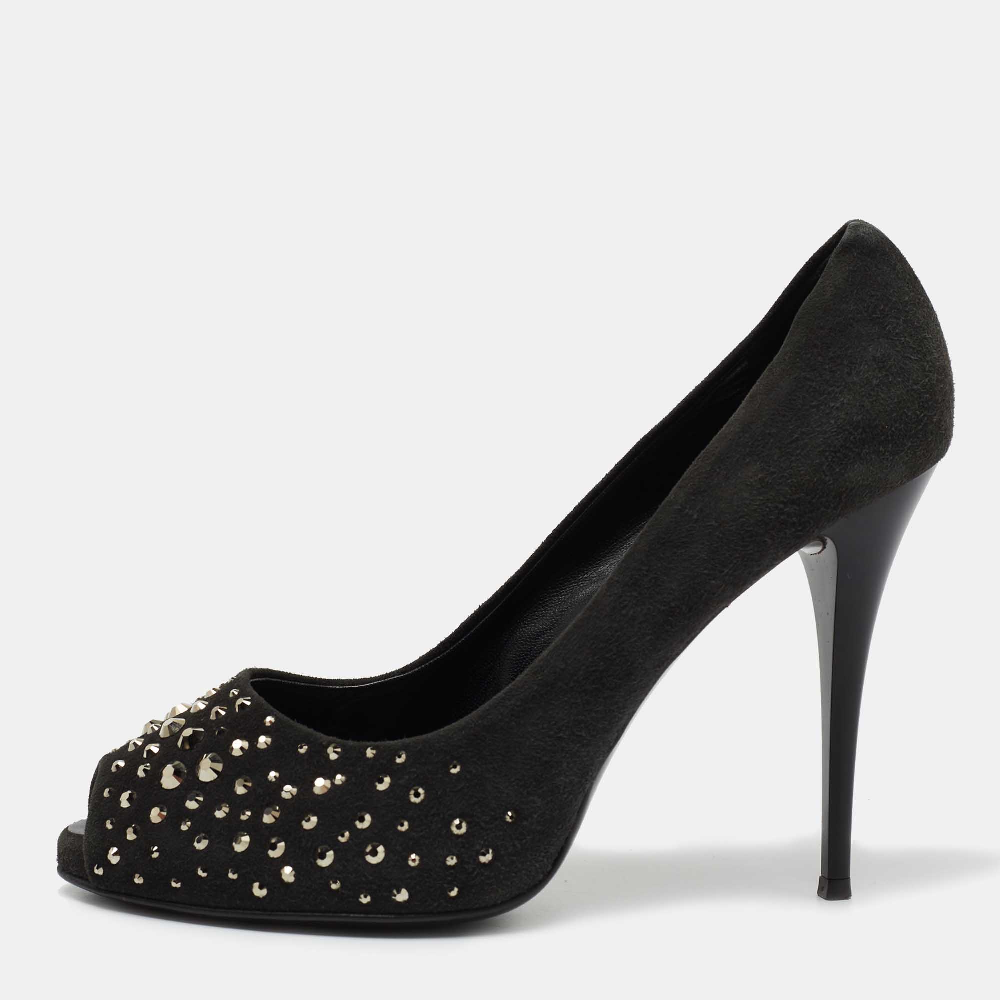 Giuseppe Zanotti Grey Suede Embellished Peep Toe Pumps Size 38.5, Pumps - Luxury Closet catalog