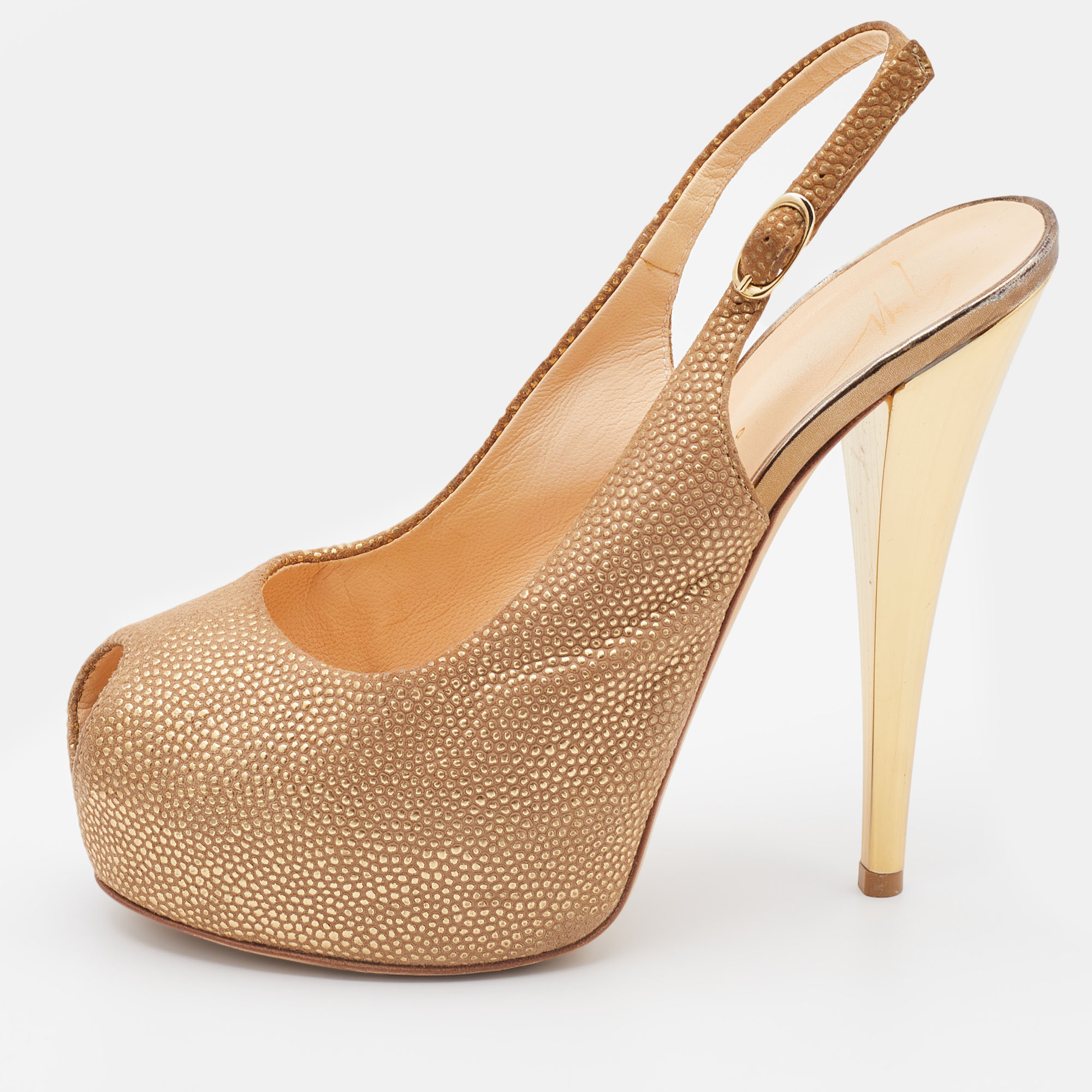 Giuseppe Zanotti Metallic Gold Leather Peep Toe Platform Slingback Pumps Size 37, Pumps - Luxury Closet catalog