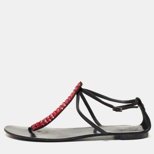 Giuseppe Zanotti Black Suede and Leather Crystal Embellished T-Strap Flat Sandals Size 40, Sandals - Luxury Closet catalog