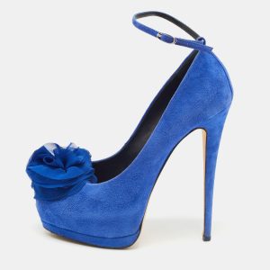 Giuseppe Zanotti Blue Suede Flower Applique Peep Toe Platform Ankle Strap Pumps Size 39, Pumps - Luxury Closet catalog