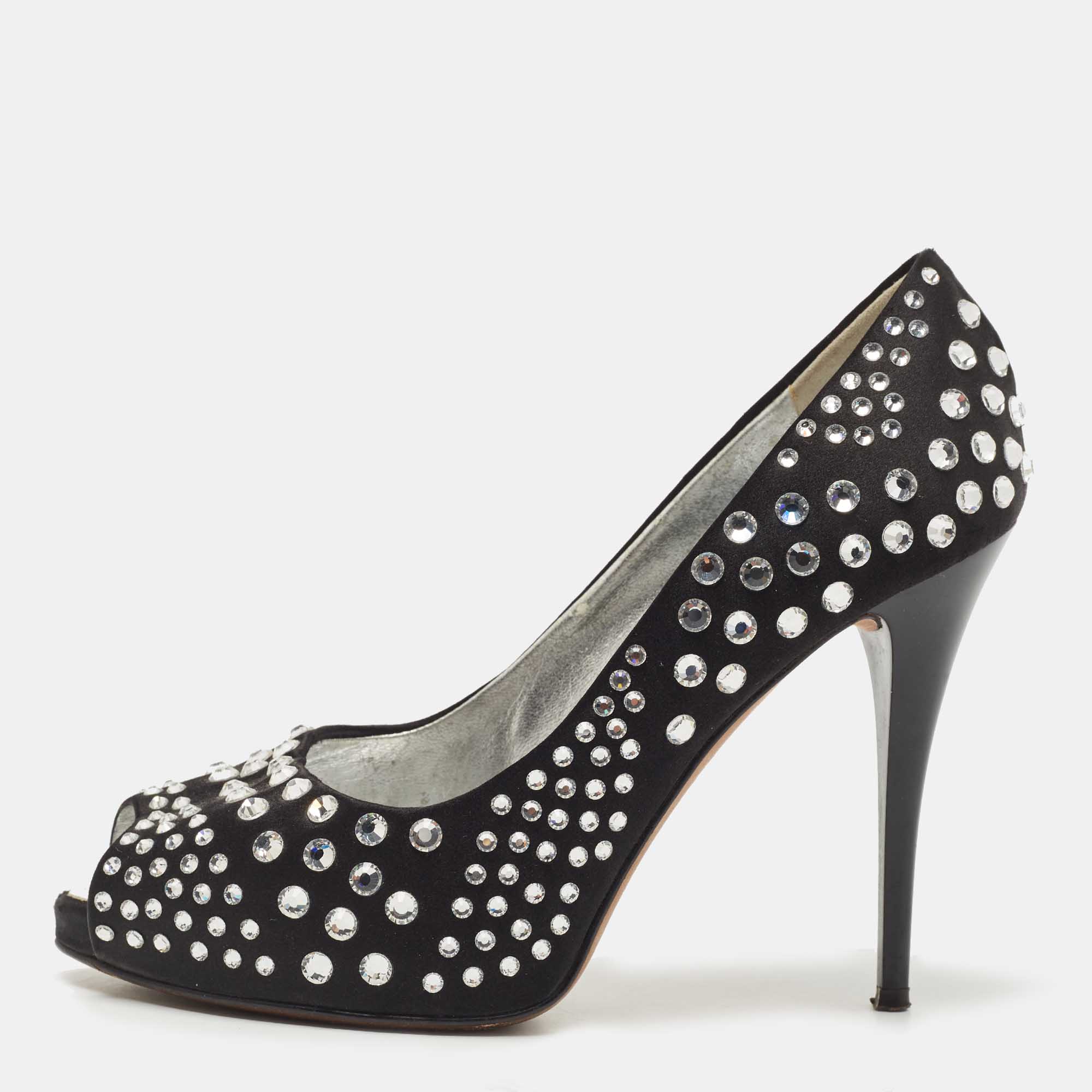 Giuseppe Zanotti Black Satin Crystal Embellished Peep Toe Platform Pumps Size 36, Pumps - Luxury Closet catalog