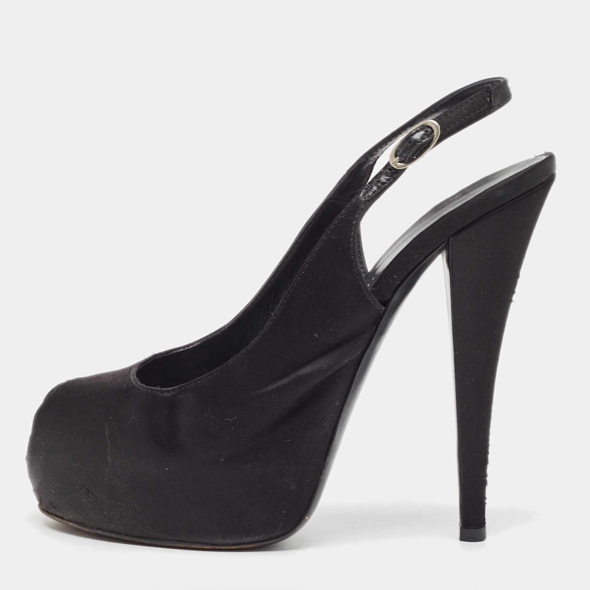 Giuseppe Zanotti Black Satin Platform Peep Toe Slingback Pumps Size 39, Pumps - Luxury Closet catalog