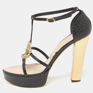 Giuseppe Zanotti Black Croc Embossed Embellished Ankle Strap Sandals Size 39.5, Sandals - Luxury Closet catalog