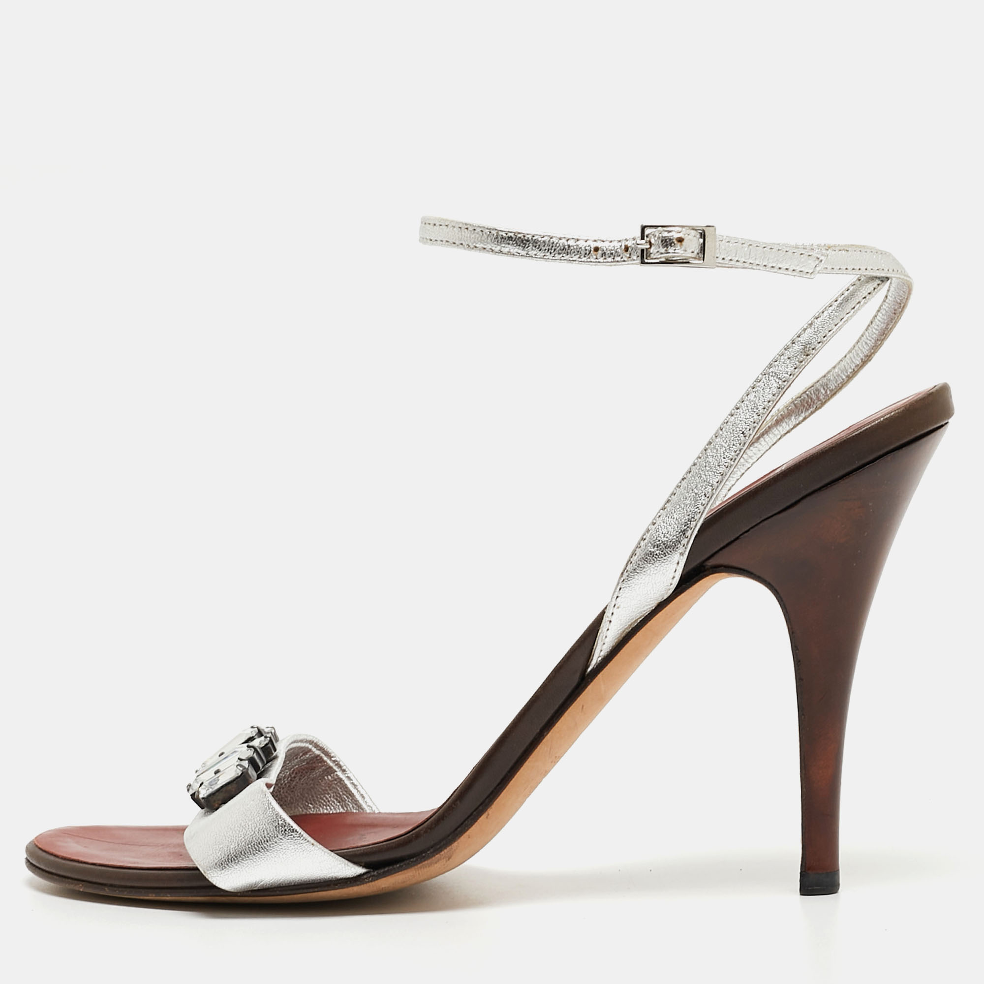 Giuseppe Zanotti Silver Leather Crystal Embellished Ankle Strap Sandals Size 40, Sandals - Luxury Closet catalog