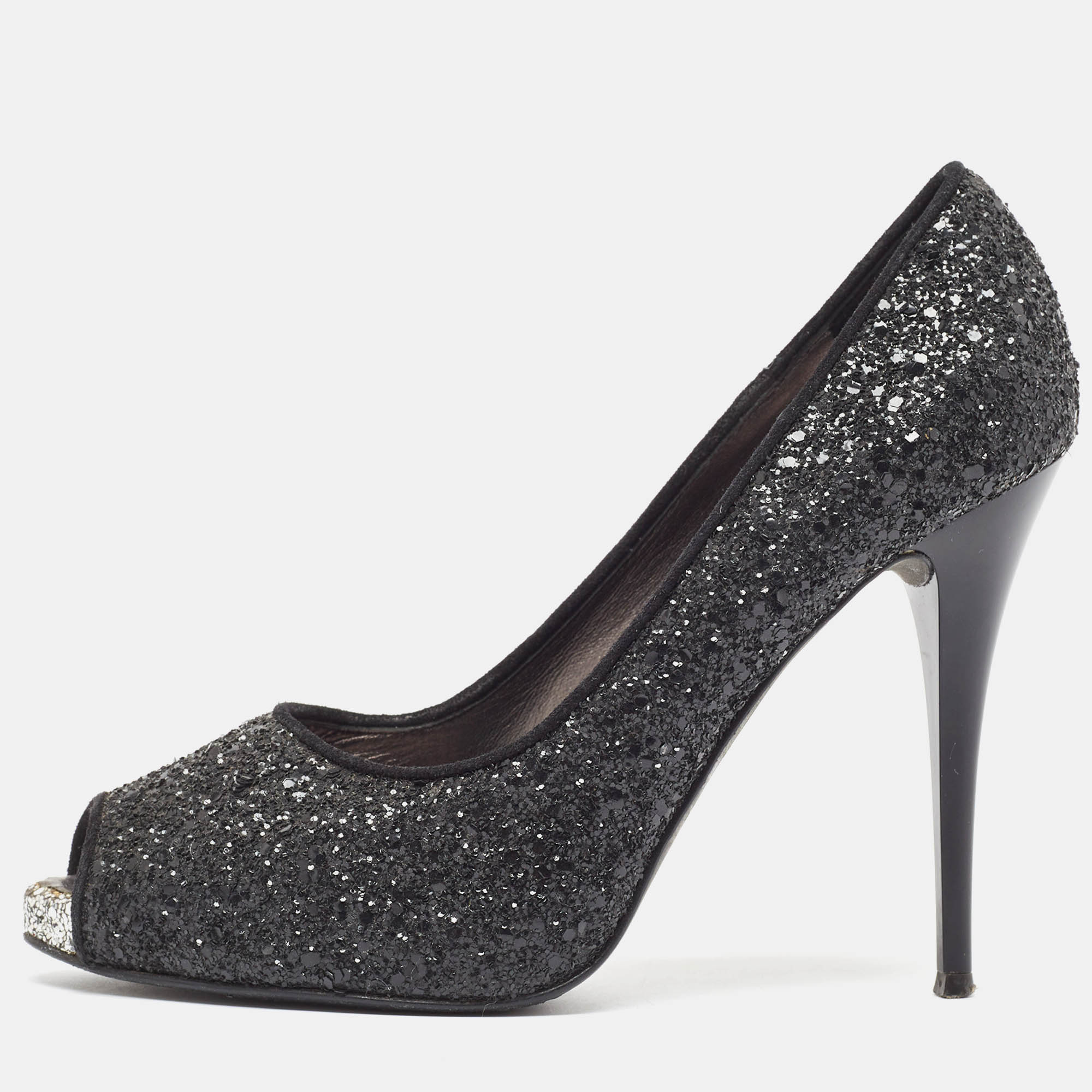Giuseppe Zanotti Black Glitter Platform Peep Toe Pumps Size 37.5, Pumps - Luxury Closet catalog