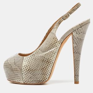 Giuseppe Zanotti Beige Python Leather Platform Peep Toe Slingback Sandals Size 38.5, Sandals - Luxury Closet catalog