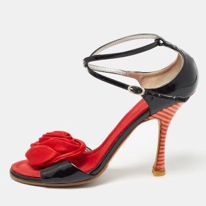Giuseppe Zanotti Black/Red Patent Leather and Satin Rose Applique Sandals Size 37.5, Sandals - Luxury Closet catalog