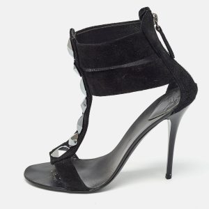 Giuseppe Zanotti Black Suede Crystal Embellished T-Bar Ankle Strap Sandals Size 37.5, Sandals - Luxury Closet catalog