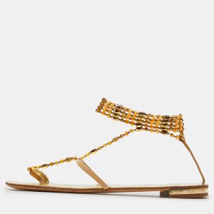 Giuseppe Zanotti Beige/Gold Leather Crystal Embellished Chain Thong Flat Sandals Size 38.5, Sandals - Luxury Closet catalog