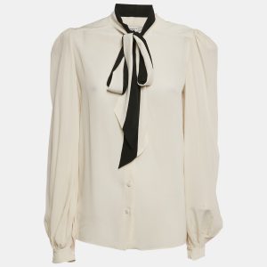 Givenchy Off- White Silk Chiffon Contrast Neck Tie Detail Shirt M, Shirts & Tops - Luxury Closet catalog