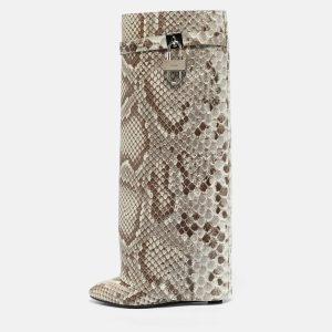 Givenchy Brown/Cream Python Embossed Leather Shark Tooth Knee Length Boots Size 39, Boots - Luxury Closet catalog