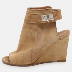 Givenchy Beige Suede Shark Lock Peep-Toe Wedge Booties Size 35, Boots - Luxury Closet catalog