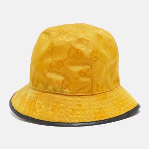 Gucci Yellow Logo Leather Applique GG Canvas Bucket Hat, Luggage Accessories - Luxury Closet catalog