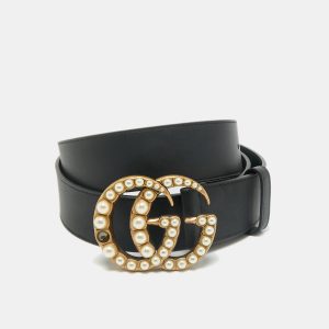 Gucci Black Leather GG Marmont Pearl Embellished Buckle Belt 110CM, Belt Buckles - Luxury Closet catalog