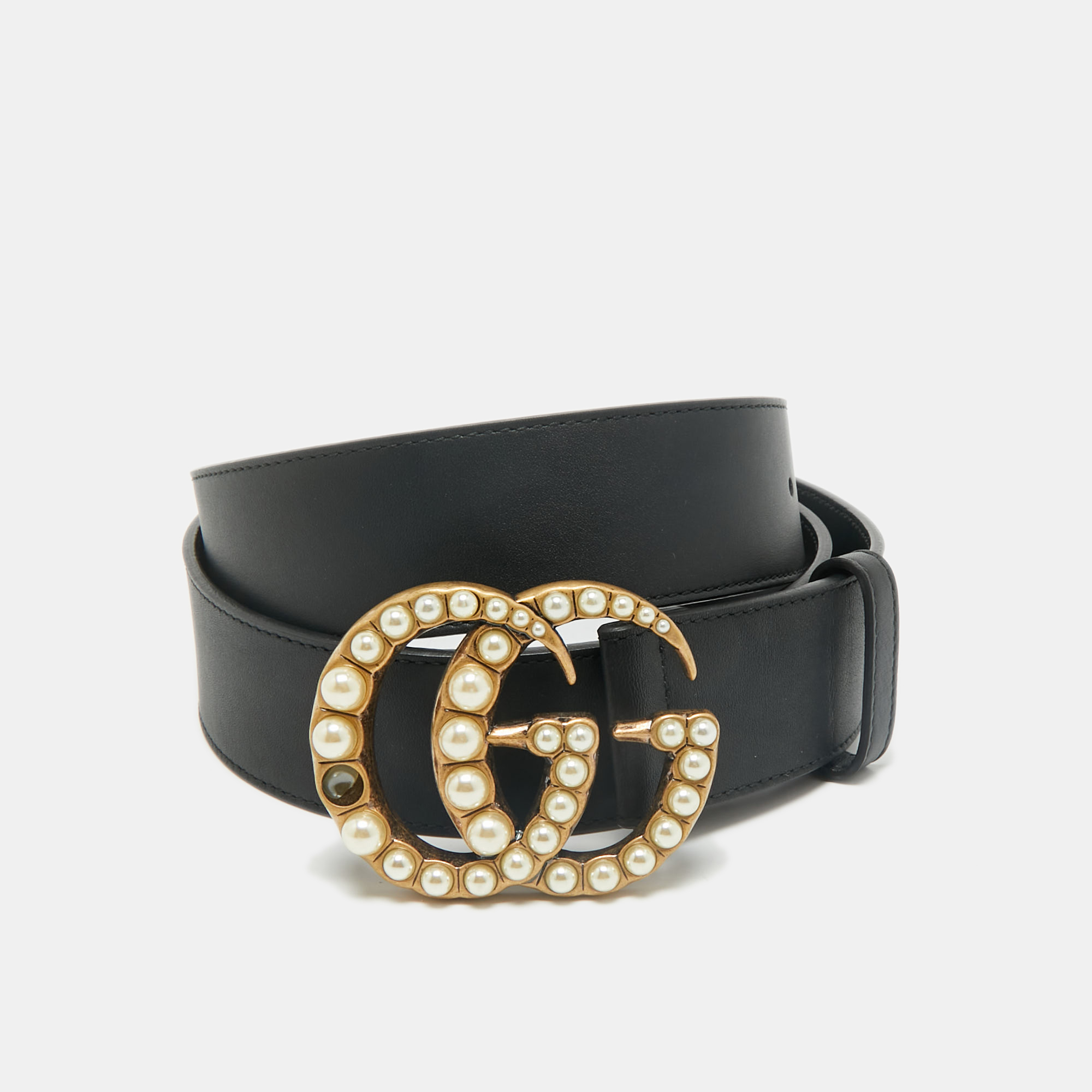 Gucci Black Leather GG Marmont Pearl Embellished Buckle Belt 110CM, Belt Buckles - Luxury Closet catalog