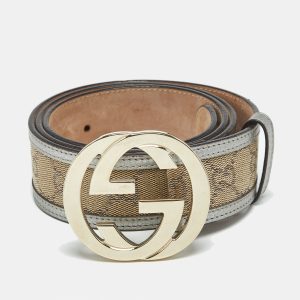 Gucci Beige/Silver GG Canvas and Leather Interlocking G Buckle Belt 90CM, Belt Buckles - Luxury Closet catalog