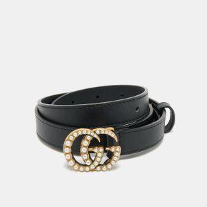Gucci Black Leather Pearl Embellished GG Marmont Slim Belt 75 CM, Belt Buckles - Luxury Closet catalog
