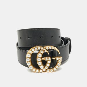 Gucci Black Leather Pearl Embellished Double G Buckle Belt 75 CM, Belt Buckles - Luxury Closet catalog