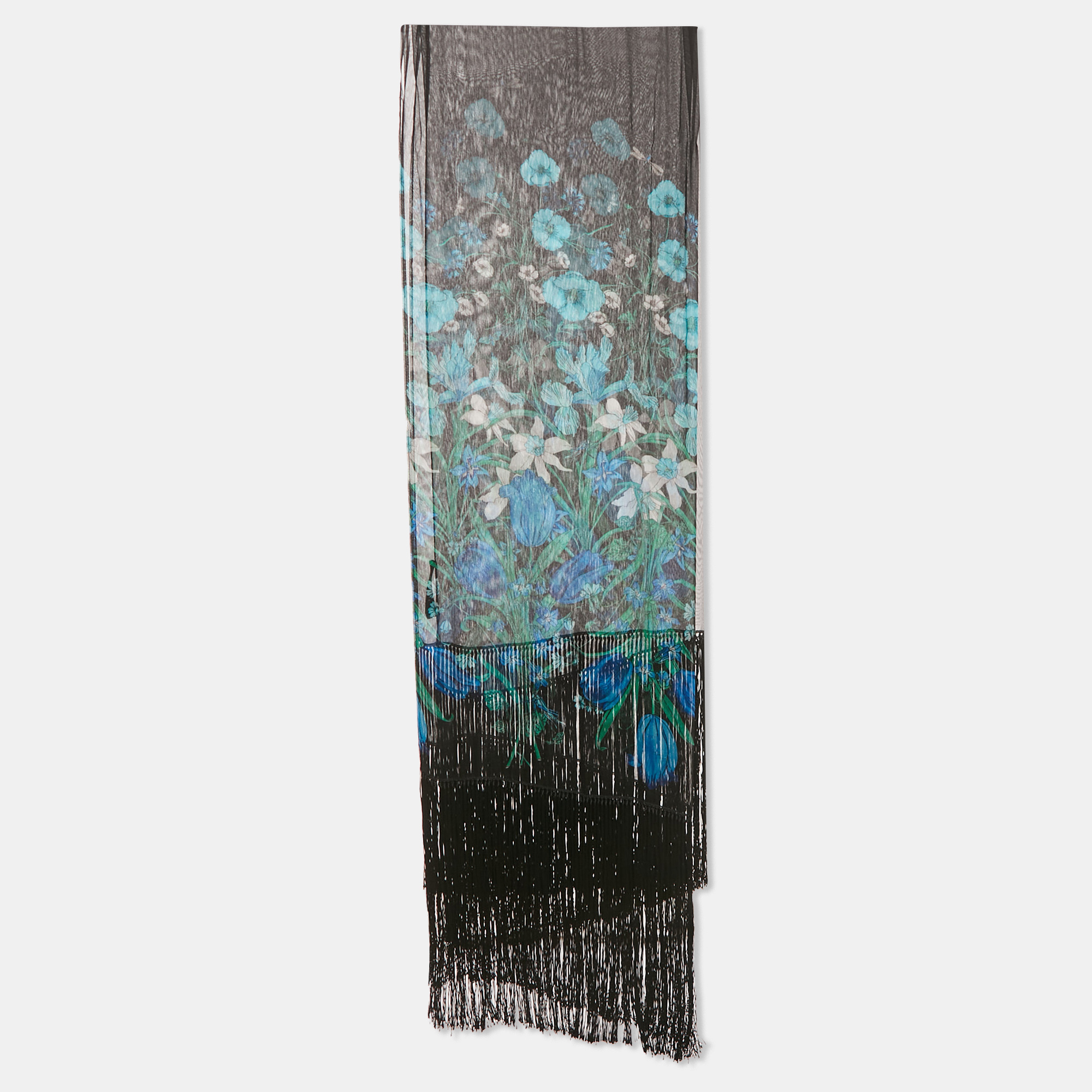 Gucci Black Floral Print Silk Chiffon Fringed Stole, Scarves & Shawls - Luxury Closet catalog