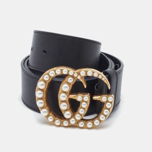 Gucci Black Leather GG Marmont Pearl Embellished Buckle Belt 80CM, Belt Buckles - Luxury Closet catalog